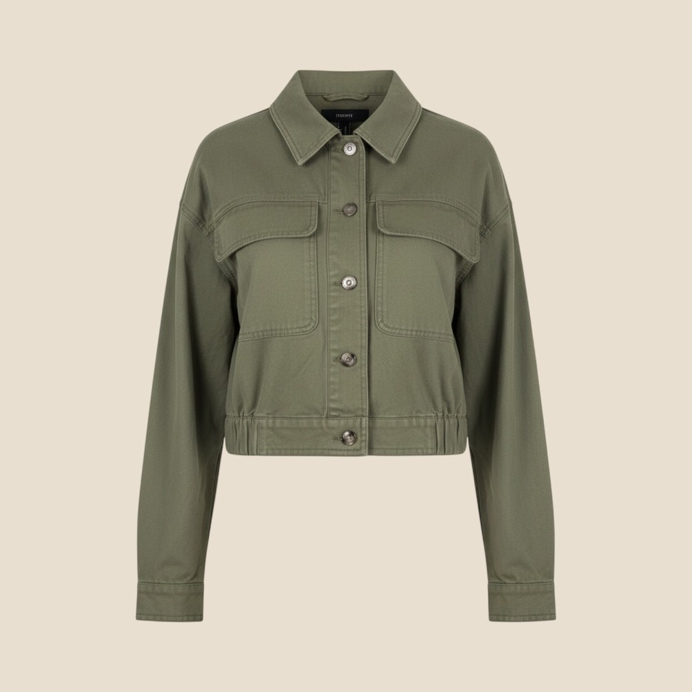Forever 21 Women Olive Green Utility Jacket Cropped Elastic Hem Button Up Medium